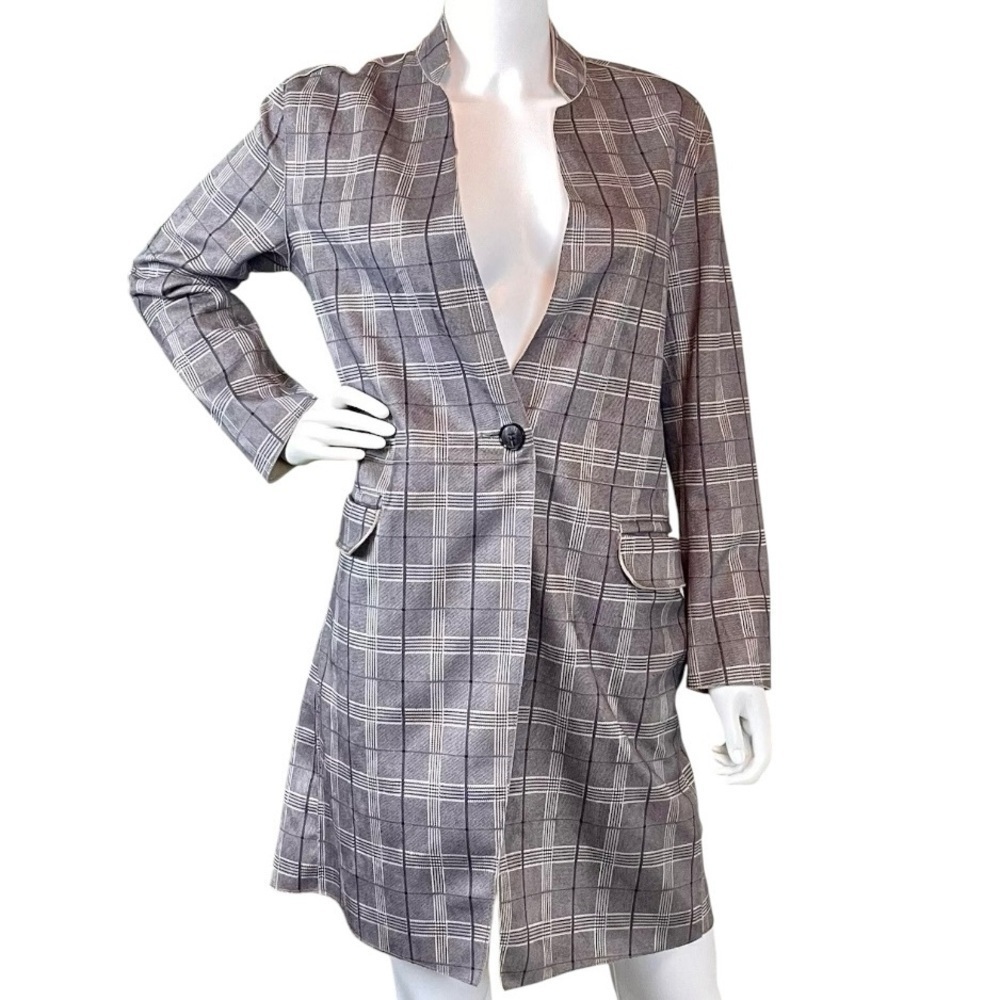 Blank NYC Anthropologie Renegade Faux Suede Plaid Longline Jacket Gray Size XS